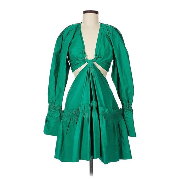 A.L.C. Alexa Cutout Ruffled Tiered Pleated Green Cotton Poplin Mini Dress Size 8 - Picture 4 of 12